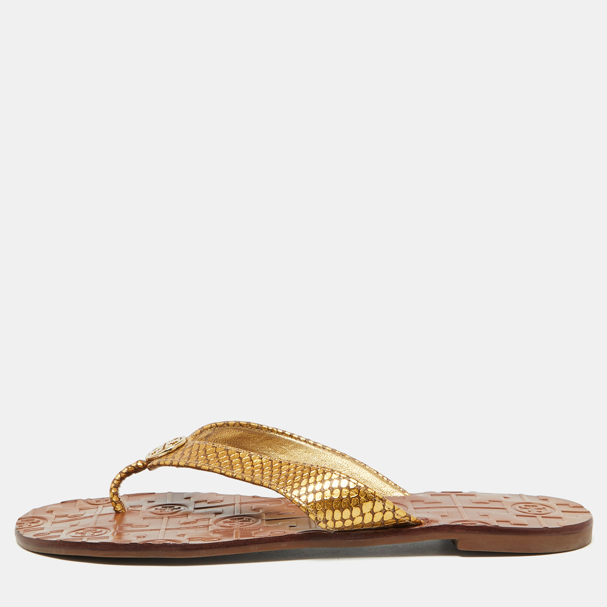 Tory Burch Gold Snakeskin Embossed Leather Monroe Thong Flats Size 37, Flats - Luxury Closet catalog