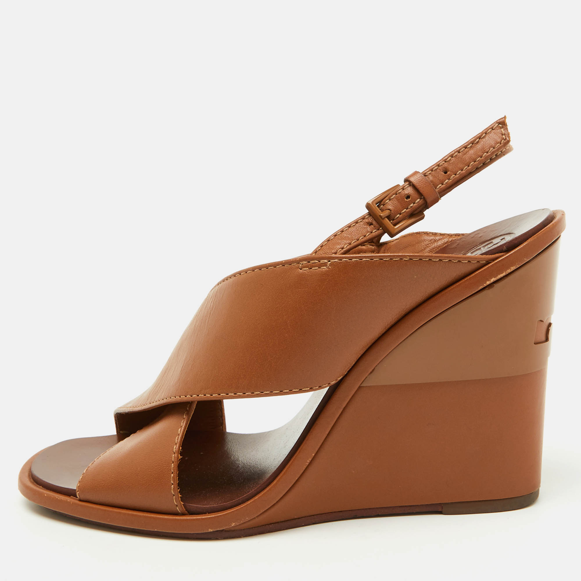 Tory Burch Brown Leather Gabriel Slingback Wedge Sandals Size 36.5, Sandals - Luxury Closet catalog