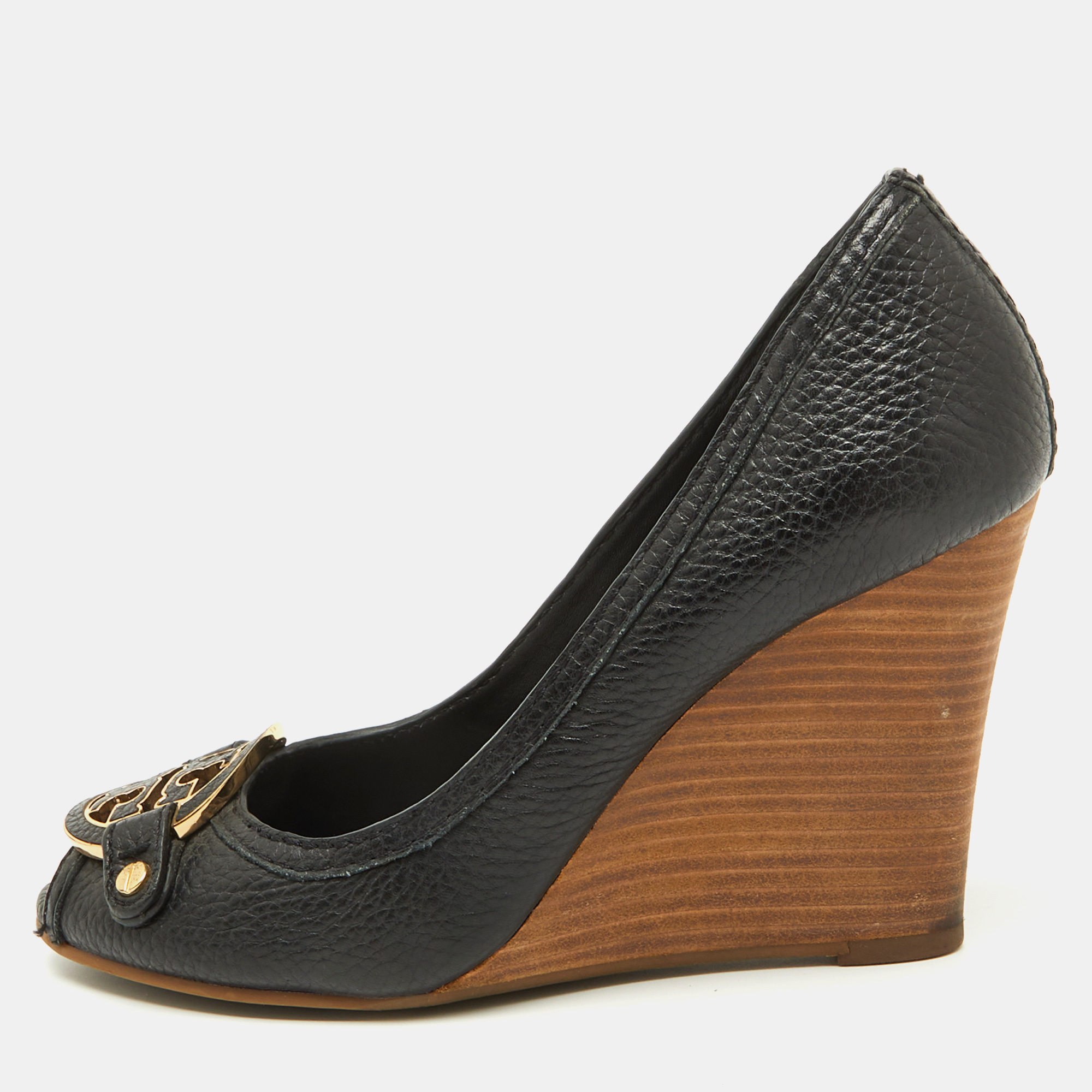 Tory Burch Black Leather Logo Peep Toe Wedge Pumps Size 38, Pumps - Luxury Closet catalog