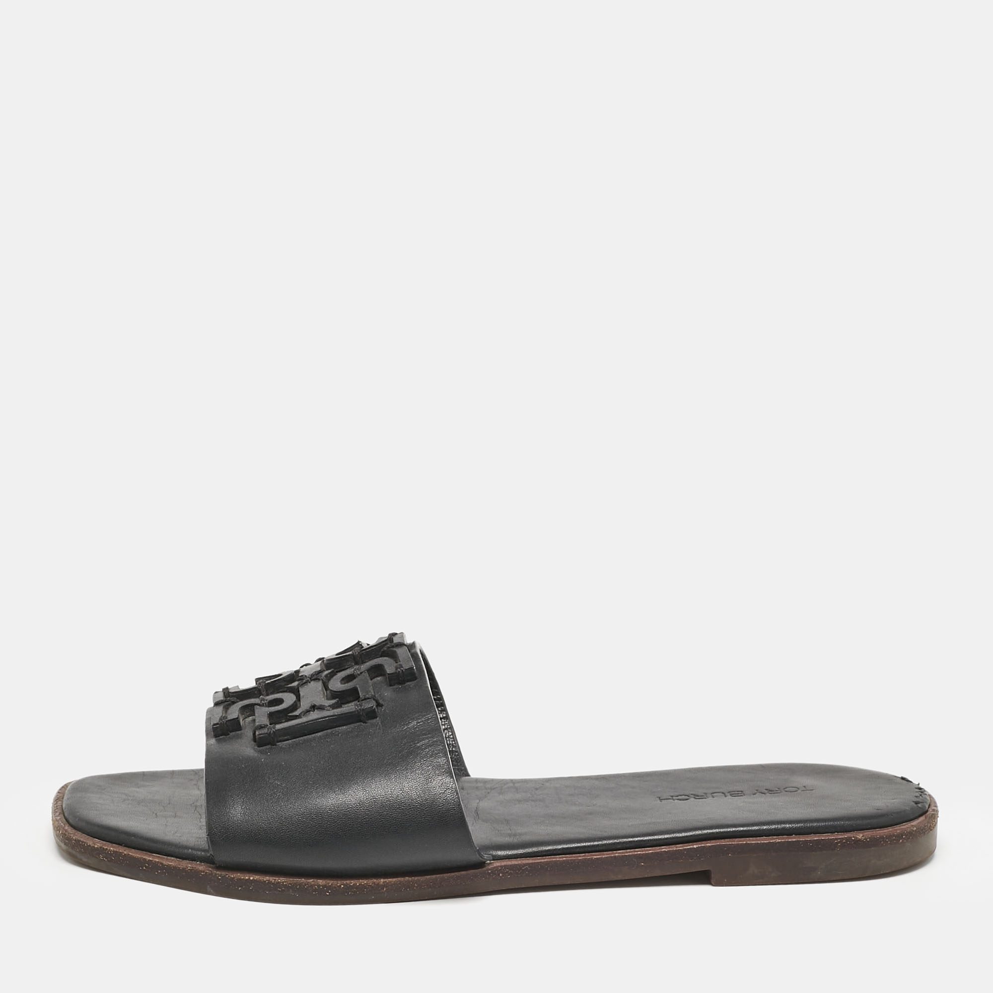 Tory Burch Black Leather Double T Slide Flat Sandals Size 35, Sandals - Luxury Closet catalog