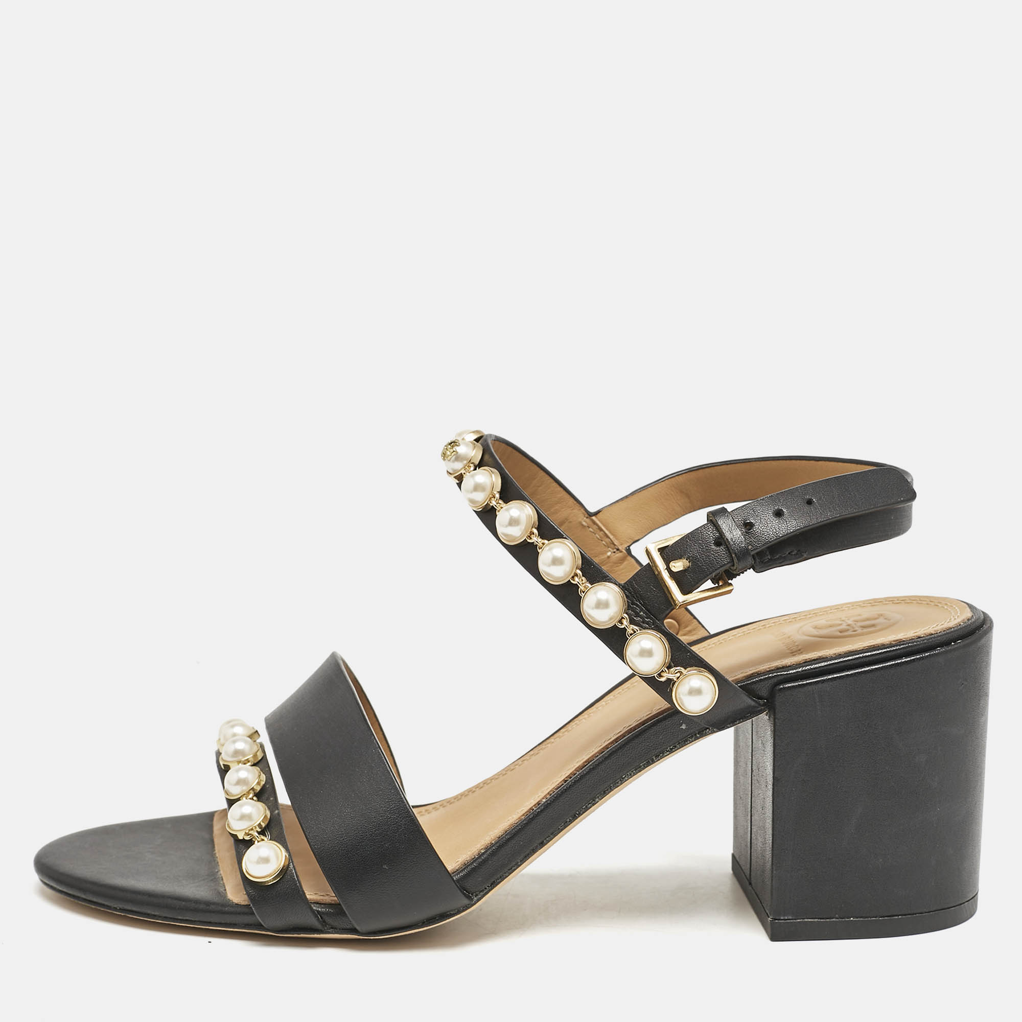 Tory Burch Black Leather Emmy Pearl Ankle Strap Sandals Size 38.5, Sandals - Luxury Closet catalog