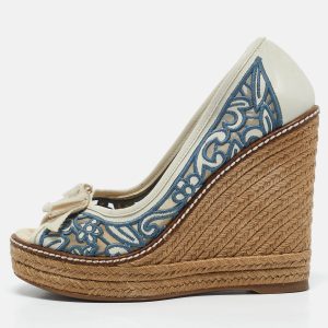 Tory Burch Blue/White Leather and Lace Jackie Wedge Pumps Size 35.5, Pumps - Luxury Closet catalog