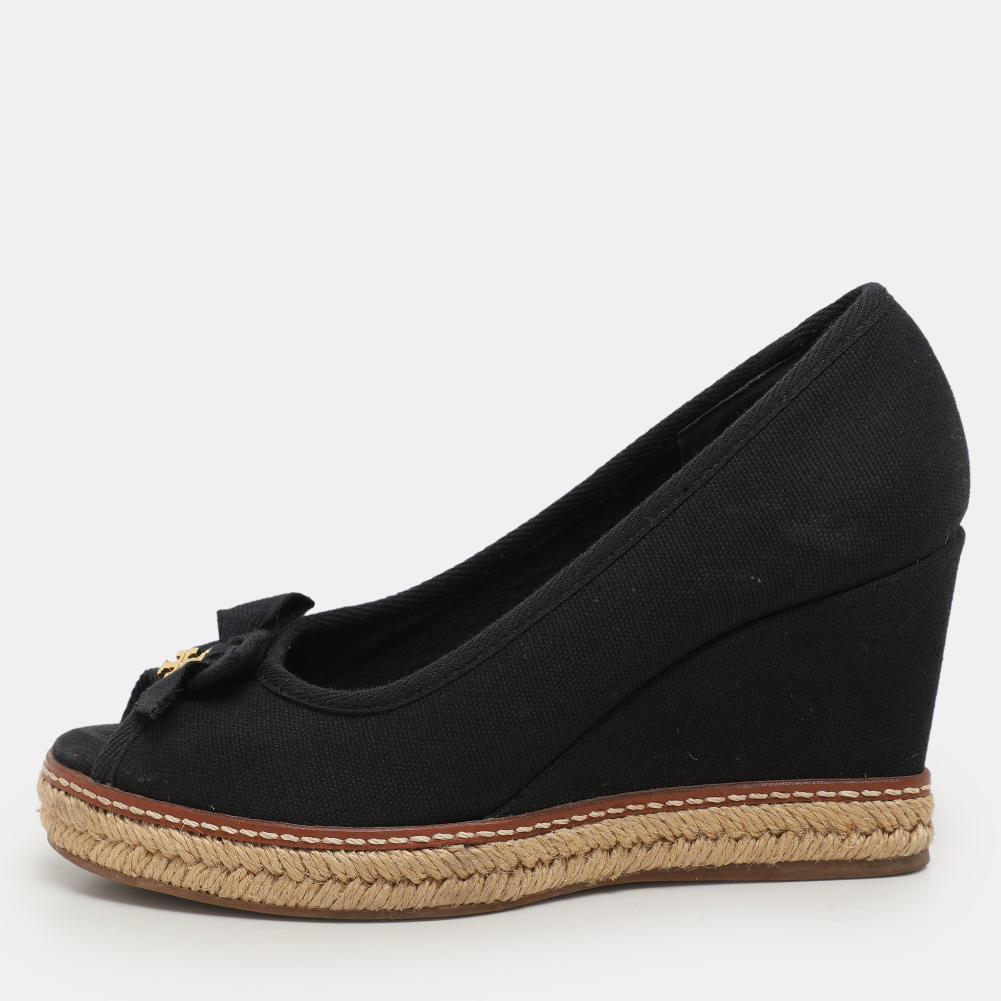 Tory Burch Black Canvas Jackie Wedge Peep Toe Pumps Size 35.5, Pumps - Luxury Closet catalog