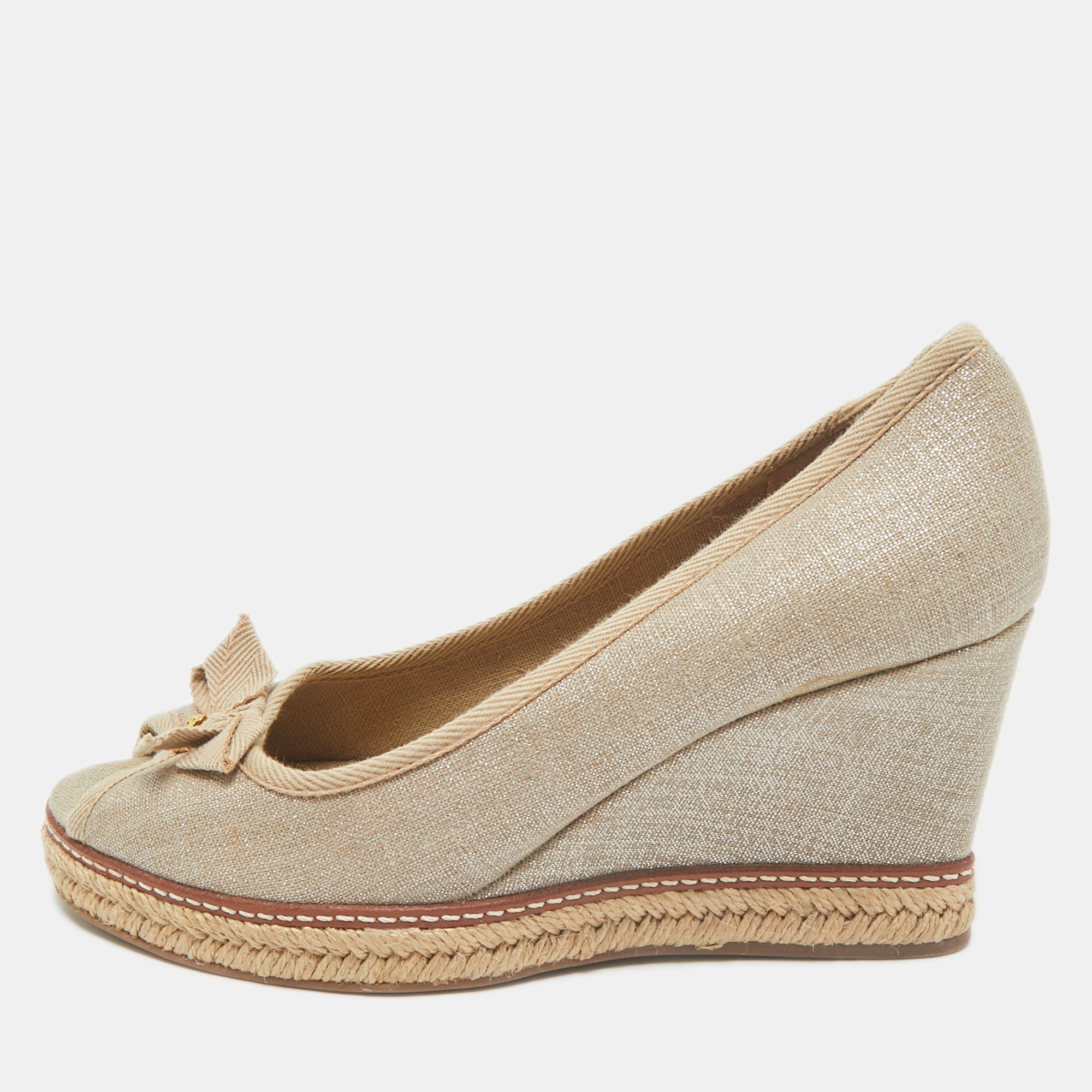 Tory Burch Grey Canvas Jackie Bow Peep Toe Wedge Espadrille Pumps Size 40, Pumps - Luxury Closet catalog