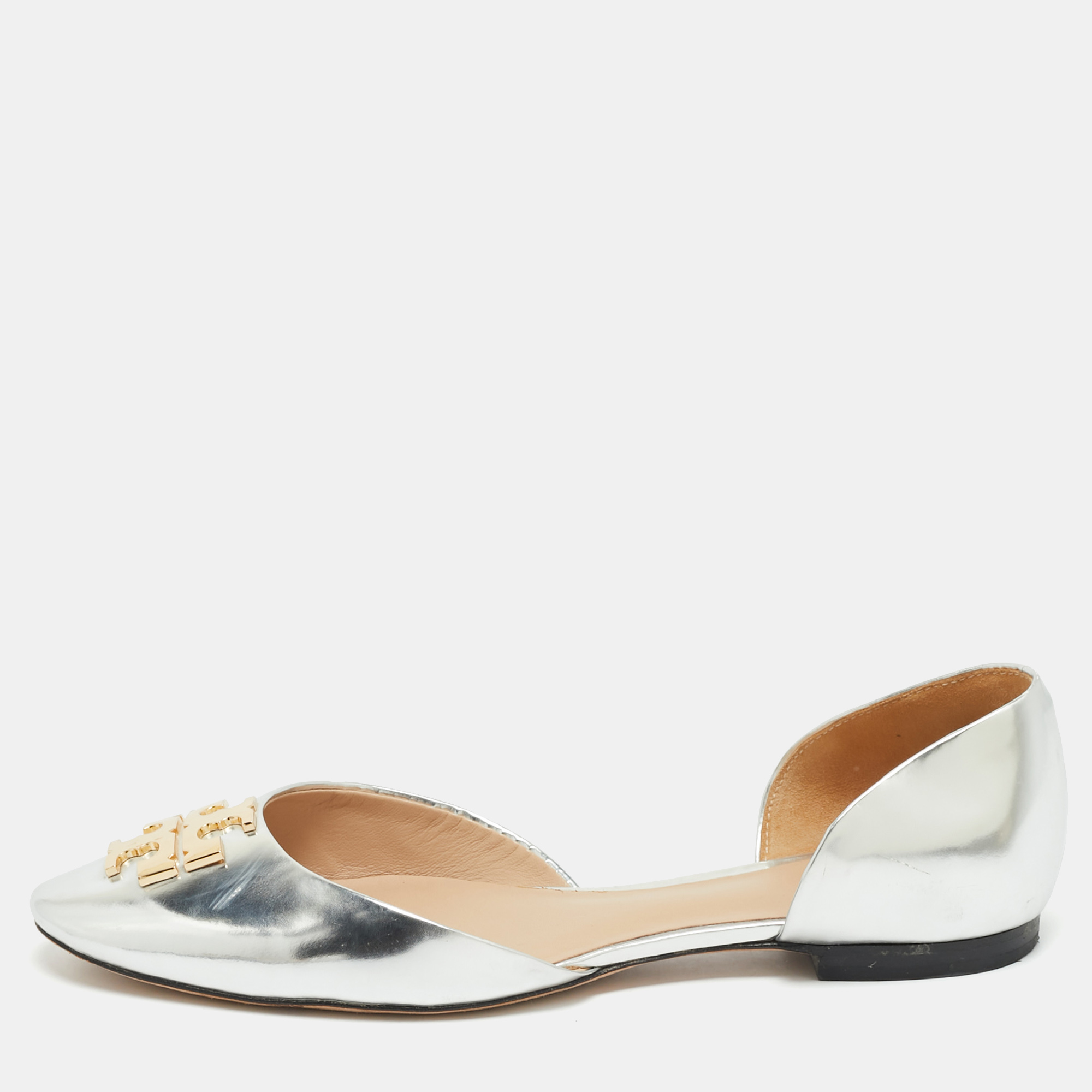 Tory Burch Silver Leather Raleigh Flats Size 38.5, Flats - Luxury Closet catalog