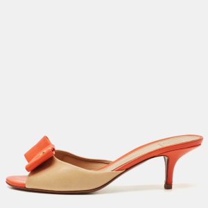 Tory Burch Beige/Orange Leather Bow Slide Sandals Size 39.5, Sandals - Luxury Closet catalog