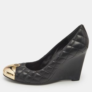 Tory Burch Black Quilted Leather Kaitlin Cap Toe Wedge Pumps Size 39, Pumps - Luxury Closet catalog