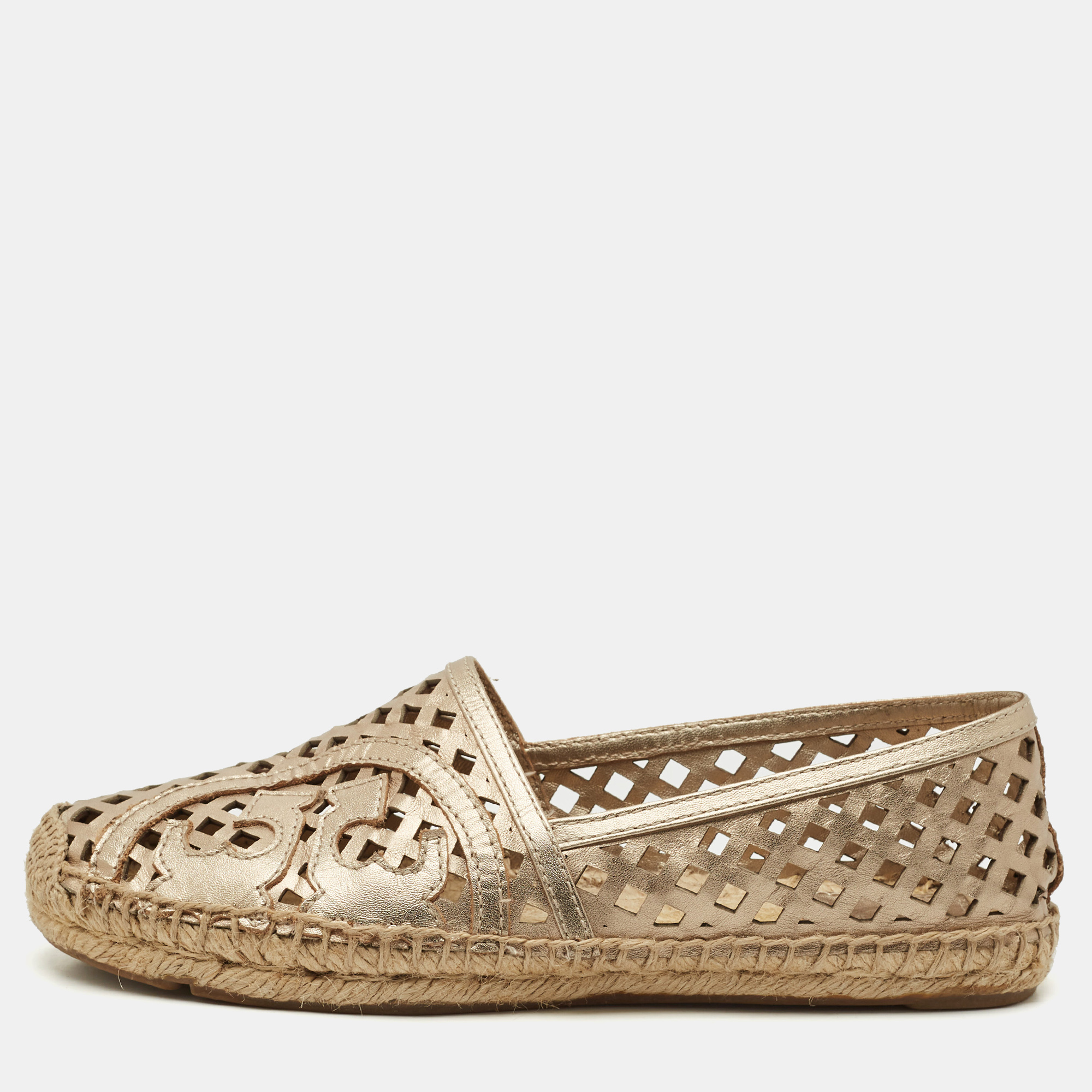 Tory Burch Gold Perforated Leather Espadrille Flats Size 36.5, Flats - Luxury Closet catalog