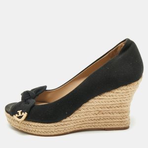 Tory Burch Black Fabric Bow Peep-Toe Espadrille Wedge Pumps Size Size 37.5, Pumps - Luxury Closet catalog
