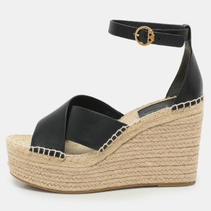 Tory Burch Black Leather Cross Strap Wedge Espadrille Sandals Size 38, Sandals - Luxury Closet catalog