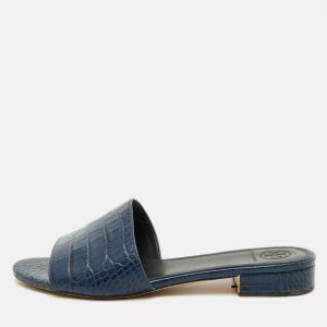 Tory Burch Navy Blue Croc Embossed Leather Martine Flat Slide Sandals Size 38.5, Sandals - Luxury Closet catalog