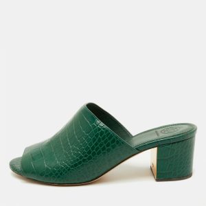 Tory Burch Green Croc Embossed Leather Martine Block Heel Slide Sandals Size 39, Sandals - Luxury Closet catalog