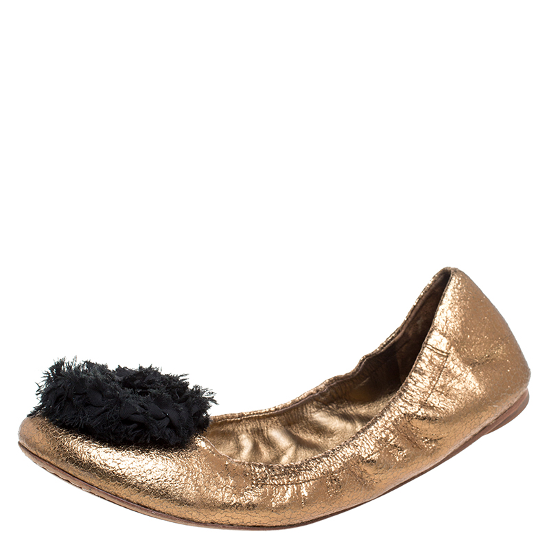 Tory Burch Metallic Bronze Crackled Leather And Black Fabric Flower Scrunch Ballet Flats Size 40, Flats - Luxury Closet catalog