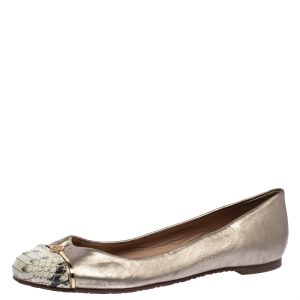 Tory Burch Metallic Gold Leather And Snake Print Cap Toe Bar Logo Ballet Flats Size 37, Flats - Luxury Closet catalog