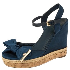 Tory Burch Blue Fabric And Leather Espadrille Wedge Ankle Strap Sandals Size 37, Sandals - Luxury Closet catalog