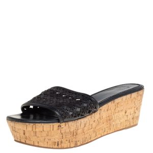 Tory Burch Black Laser Cut Leather Slide Wedge Sandals Size 40.5, Sandals - Luxury Closet catalog