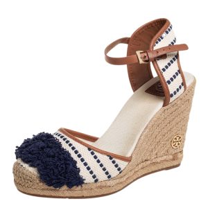 Tory Burch Multicolor Canvas And Leather Trim Wedge Espadrille Ankle Strap Sandals Size 40, Sandals - Luxury Closet catalog
