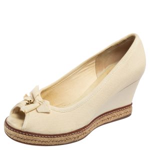 Tory Burch White Canvas Jackie Wedge Pumps Size 38.5, Pumps - Luxury Closet catalog