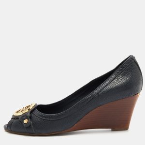 Tory Burch Navy Blue Leather Leticia Peep Toe Wedge Pumps Size 37.5, Pumps - Luxury Closet catalog