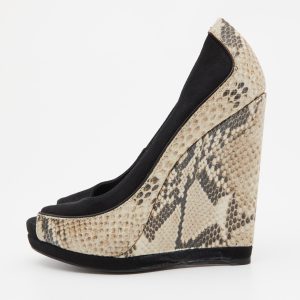 Tory Burch Black/Grey Suede and Python Embossed Leather Sandra Wedge Peep Toe Pumps Size 36.5, Pumps - Luxury Closet catalog