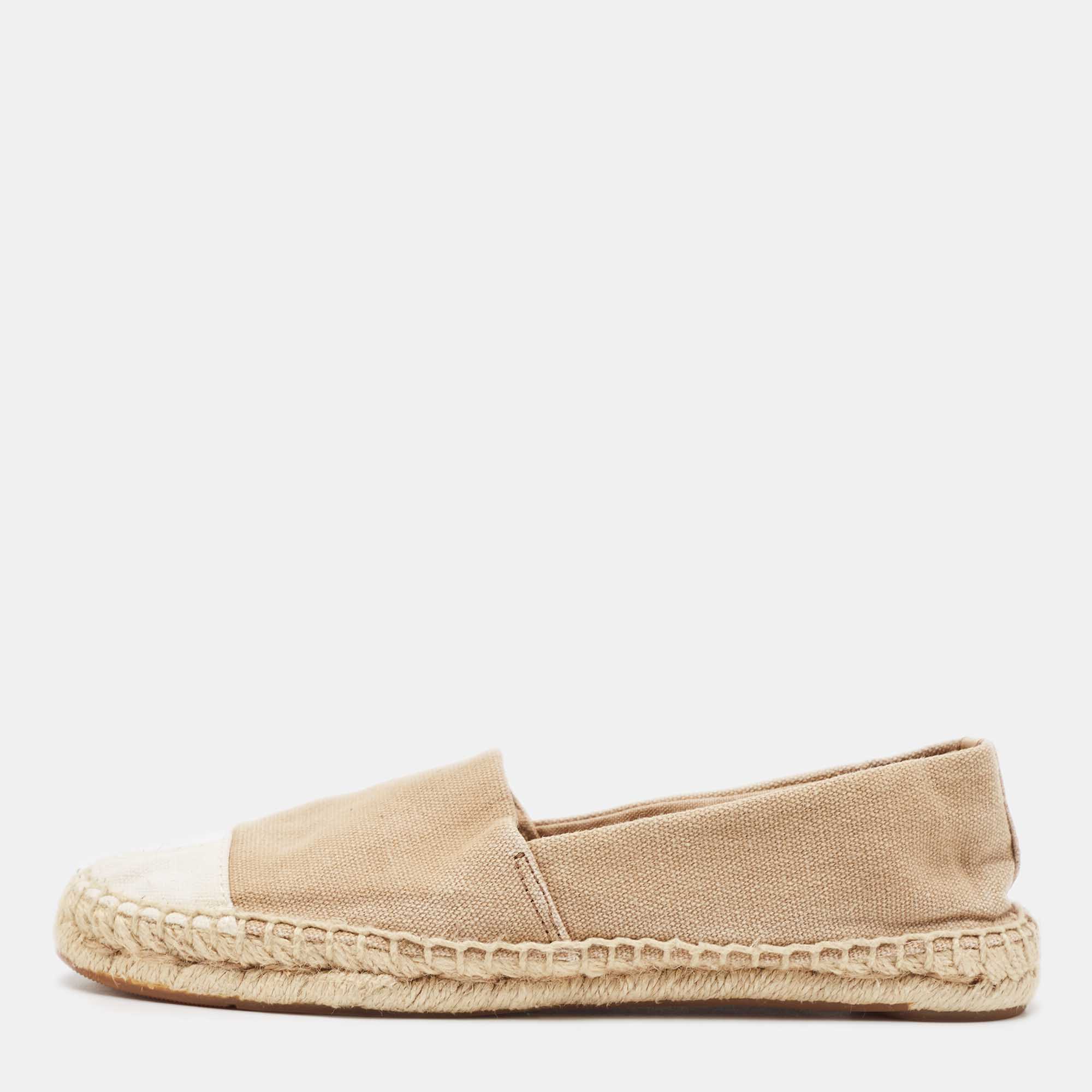Tory Burch Beige/White Canvas Cap Toe Espadrille Flats Size 37, Flats - Luxury Closet catalog