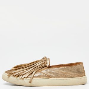 Tory Burch Gold Textured Suede Fringe Detail Slip On Sneakers Size 37.5, Athletic Shoes & Sneakers - Luxury Closet catalog