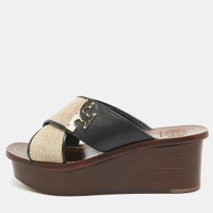 Tory Burch Beige/Black Canvas and Leather Platform Slide Sandals Size 36, Sandals - Luxury Closet catalog