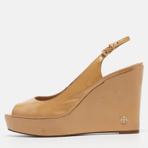 Tory Burch Beige Patent Leather Slingback Wedge Sandals Size 38.5, Sandals - Luxury Closet catalog