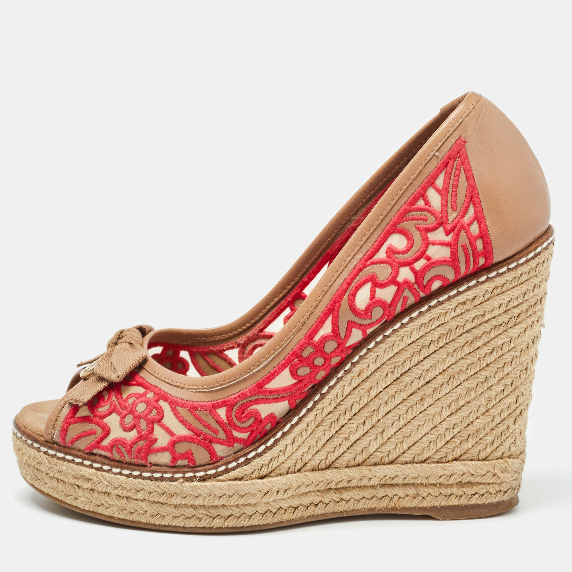 Tory Burch Brown/Pink Leather and Embroidered Fabric Jackie Espadrille Wedge Pumps Size 37.5, Pumps - Luxury Closet catalog