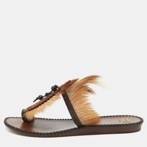 Tory Burch Brown/White Leather and Fur Phoenix Slides Size 39.5, Flats - Luxury Closet catalog