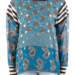 Anna Sui Teal Blue Bouquet Scarf Print Silk Ribbed Trim Tunic Top M, Shirts & Tops - Luxury Closet catalog