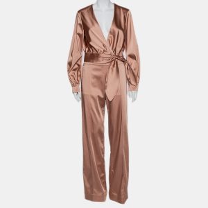 Jonathan Simkhai Salmon Pink Crepe Satin Wrap Crop Top & Wide Leg Track Pants Set M, Suits - Luxury Closet catalog