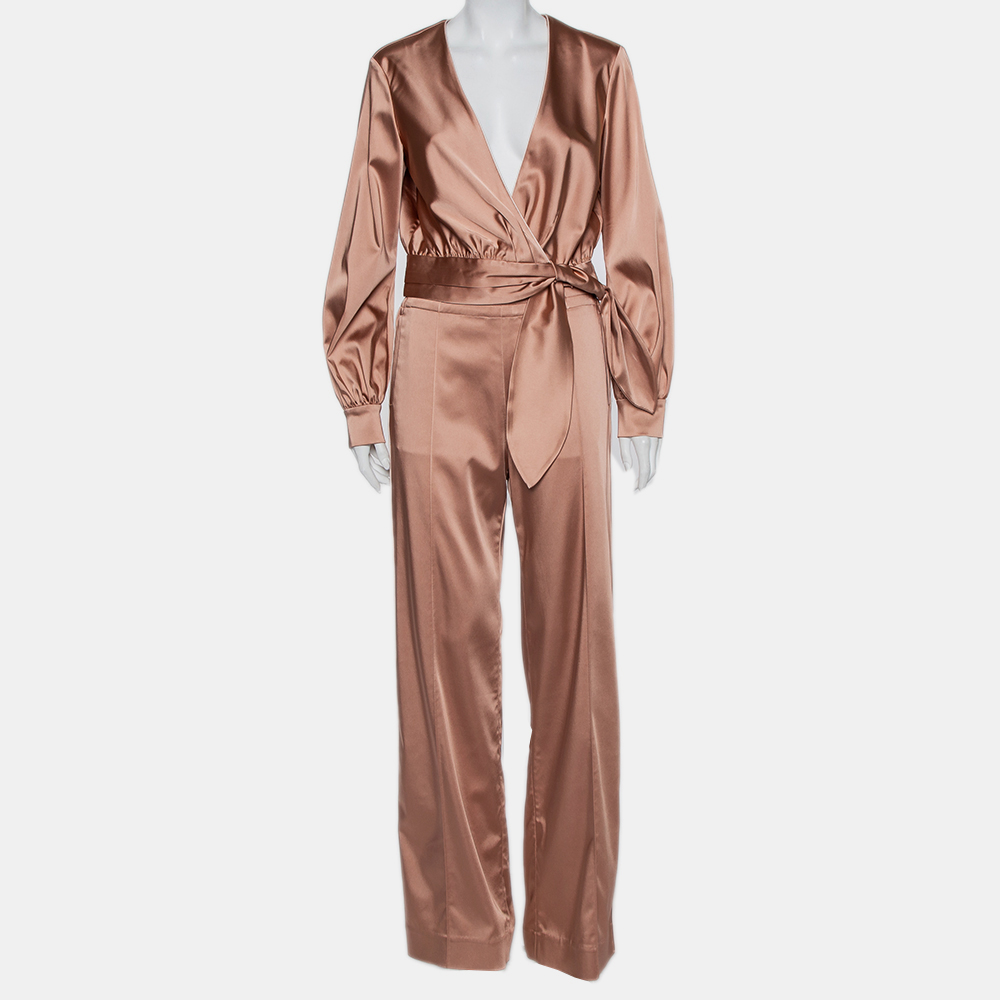 Jonathan Simkhai Salmon Pink Crepe Satin Wrap Crop Top & Wide Leg Track Pants Set M, Suits - Luxury Closet catalog