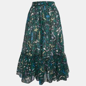 Valentino Green Graffiti Print Cotton Flounce Midi Skirt M, Skirts - Luxury Closet catalog
