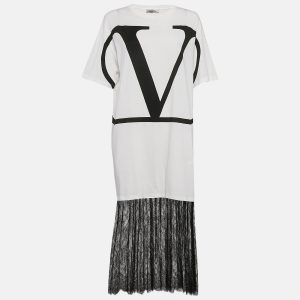 Valentino White Logo Print Cotton Knit and Lace Flared Midi Dress M, Dresses - Luxury Closet catalog
