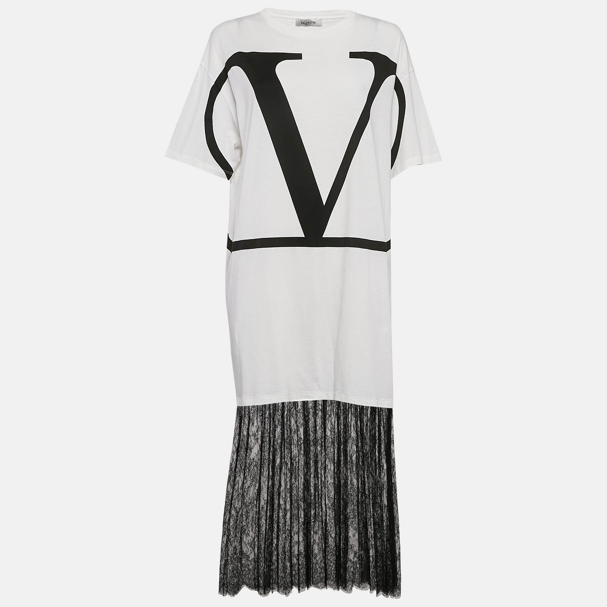 Valentino White Logo Print Cotton Knit and Lace Flared Midi Dress M, Dresses - Luxury Closet catalog