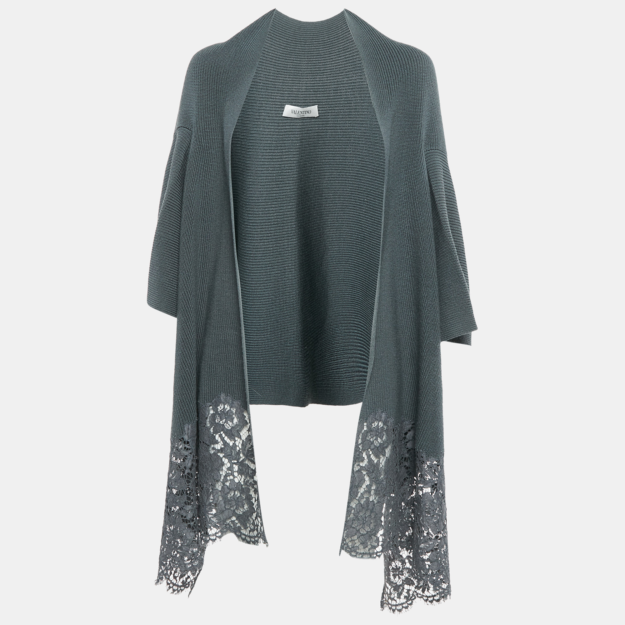 Valentino Grey Wool Rib Knit & Lace Trim Open Cardigan M, Sweaters & Cardigans - Luxury Closet catalog