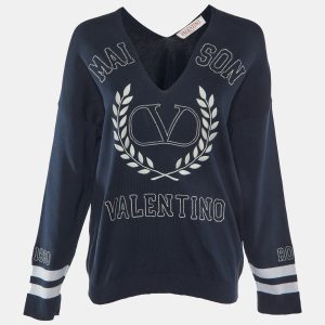 Valentino Navy Blue Logo Embroidered Cotton Knit Jumper S, Sweaters & Cardigans - Luxury Closet catalog