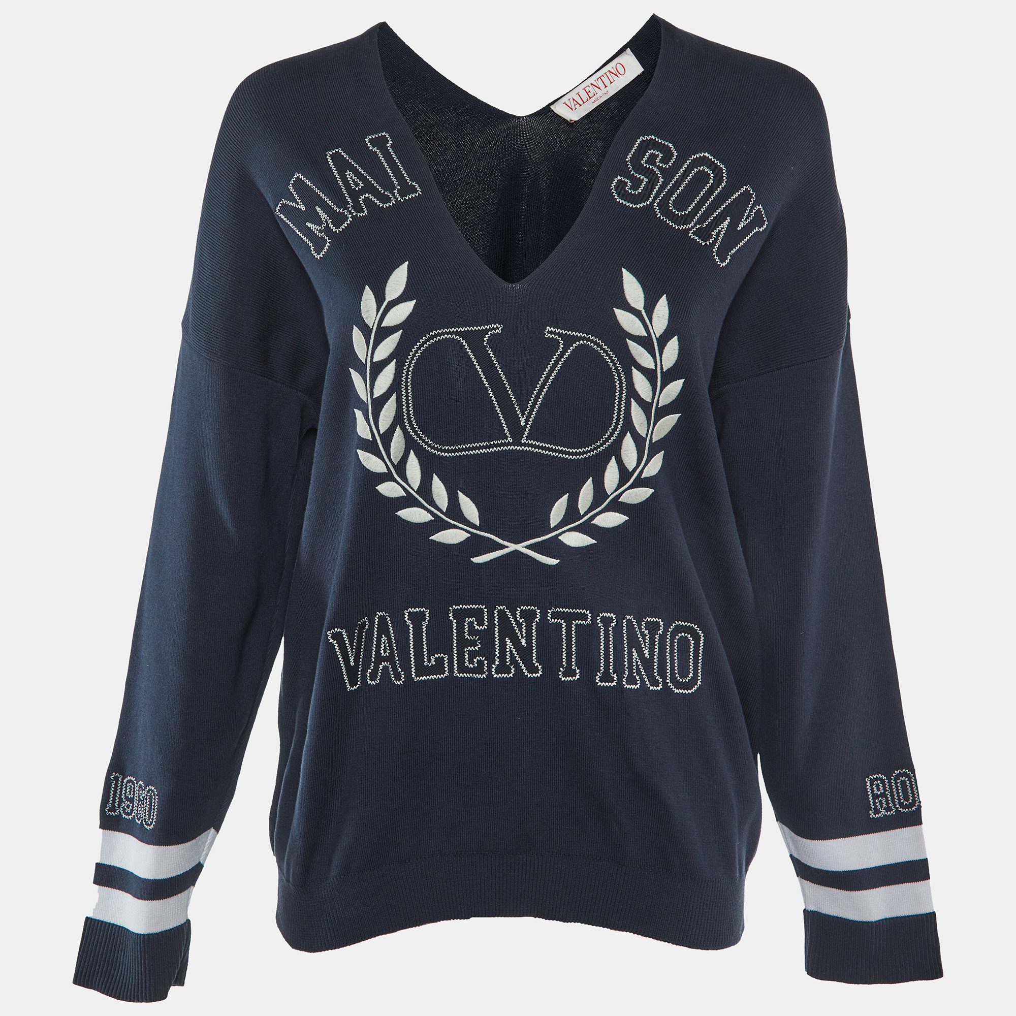Valentino Navy Blue Logo Embroidered Cotton Knit Jumper S, Sweaters & Cardigans - Luxury Closet catalog