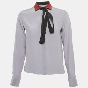 Valentino Grey Silk Contarst Neck Detail Shirt S, Shirts & Tops - Luxury Closet catalog