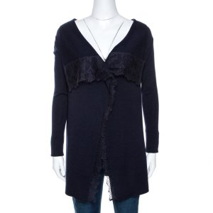 Valentino Navy Blue Knit Lace Trim Waterfall Front Cardigan M, Sweaters & Cardigans - Luxury Closet catalog