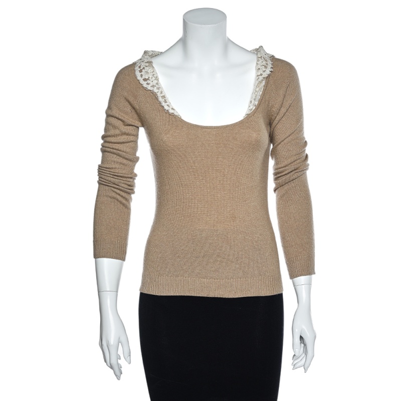 Valentino Vintage Beige Wool & Cashmere Lace Trim Detail Top S, Shirts & Tops - Luxury Closet catalog