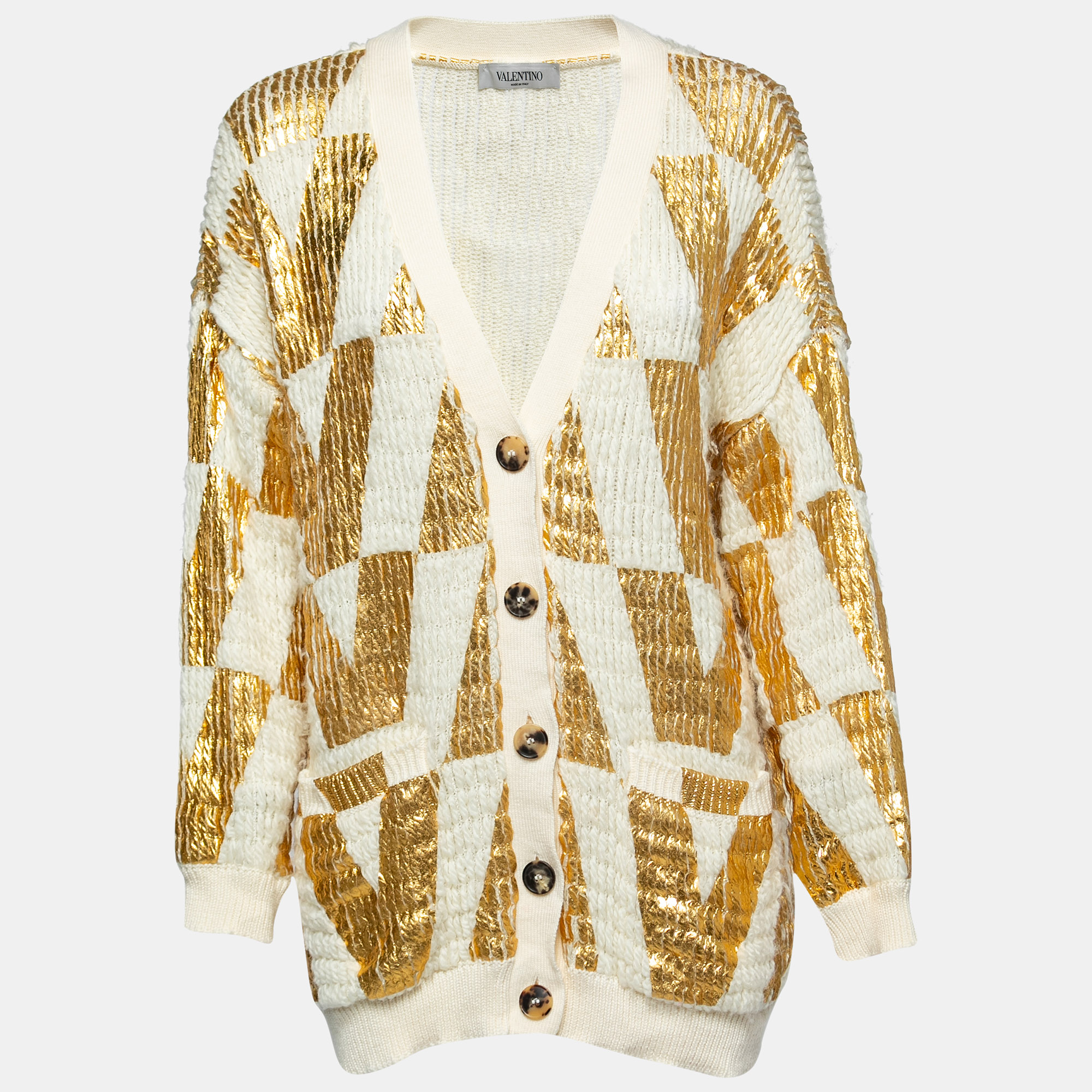 Valentino White & Gold Coated Wool Knit Oversized Cardigan XS, Sweaters & Cardigans - Luxury Closet catalog