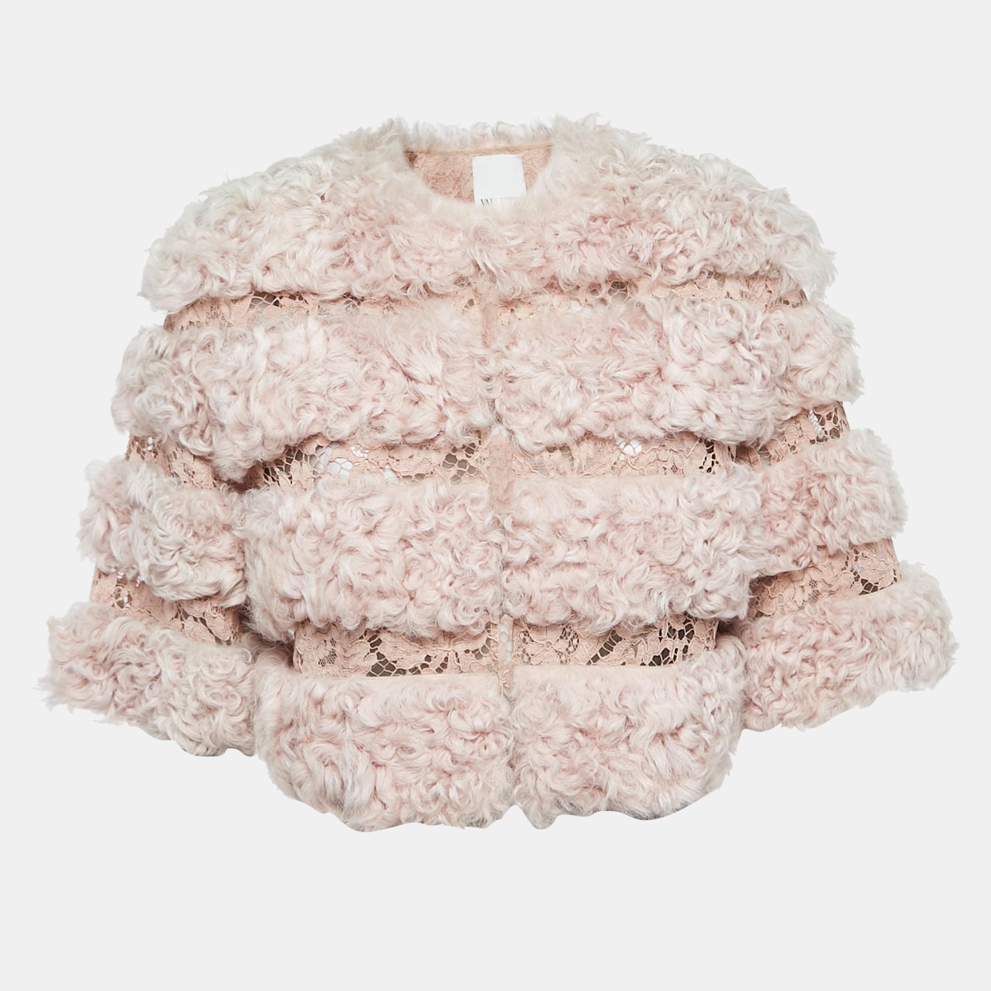 Valentino Light Pink Fur & Lace Short Sleeve Crop Jacket S, Coats & Jackets - Luxury Closet catalog