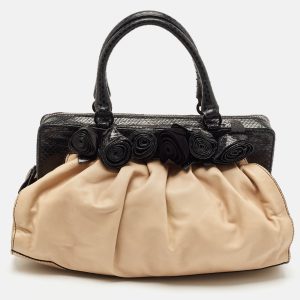 Valentino Beige/Black Leather and Watersnake Lacca Fleur Frame Satchel, Satchels - Luxury Closet catalog