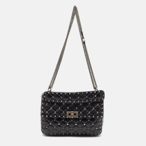 Valentino Black Quilted Crackle Leather Medium Rockstud Spike Top Handle Bag, Satchels - Luxury Closet catalog