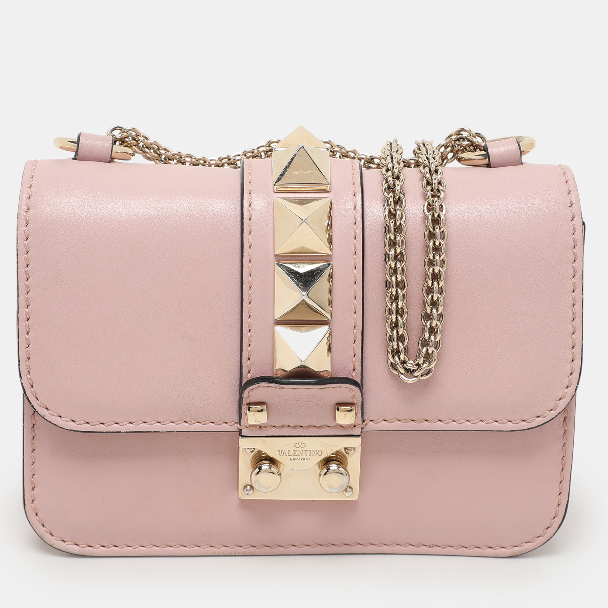 Valentino Light Pink Leather Mini Rockstud Glam Lock Shoulder Bag, Shoulder Bags - Luxury Closet catalog