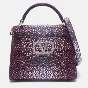 Valentino Purple Suede Crystal Embellished Mini VSling Top Handle Bag, Satchels - Luxury Closet catalog