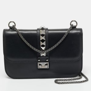Valentino Black Leather Medium Noir Edition Glam Lock Shoulder Bag, Shoulder Bags - Luxury Closet catalog