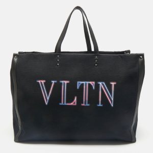 Valentino Dark Blue/Black Canvas and Leather VLTN Weekender Tote, Tote Handbags - Luxury Closet catalog